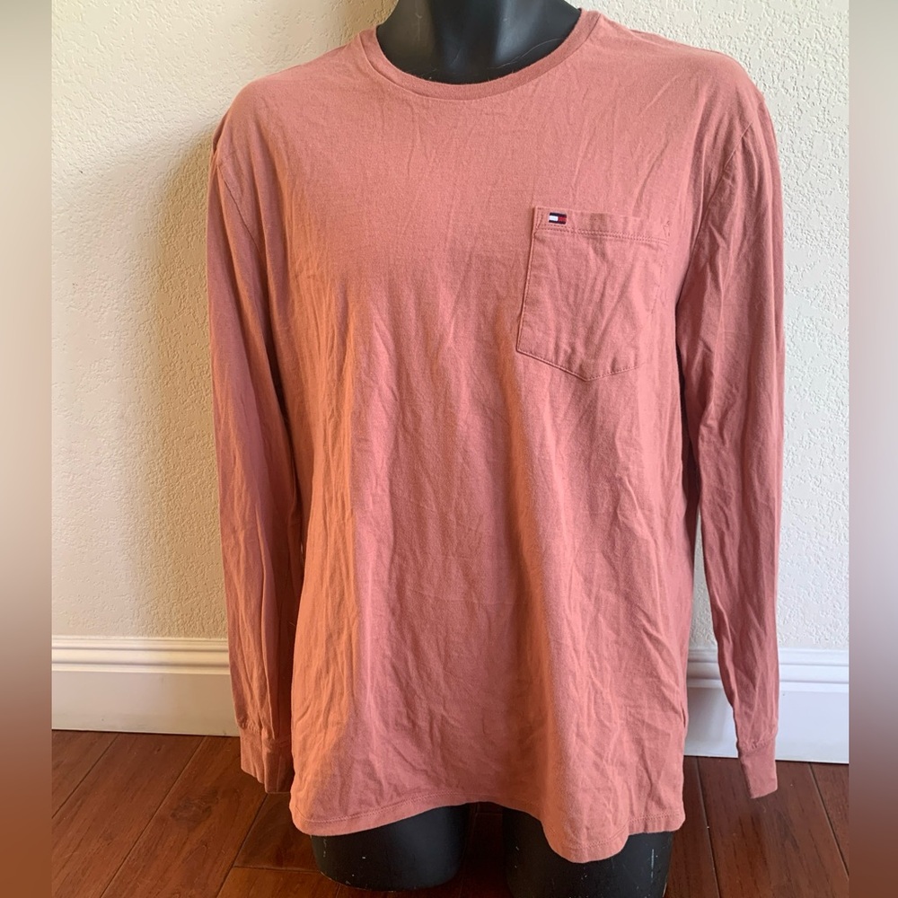 Tommy Hilfiger T-Shirt Men's L Terracotta Long Sleeve Pocket Embroidered Logo